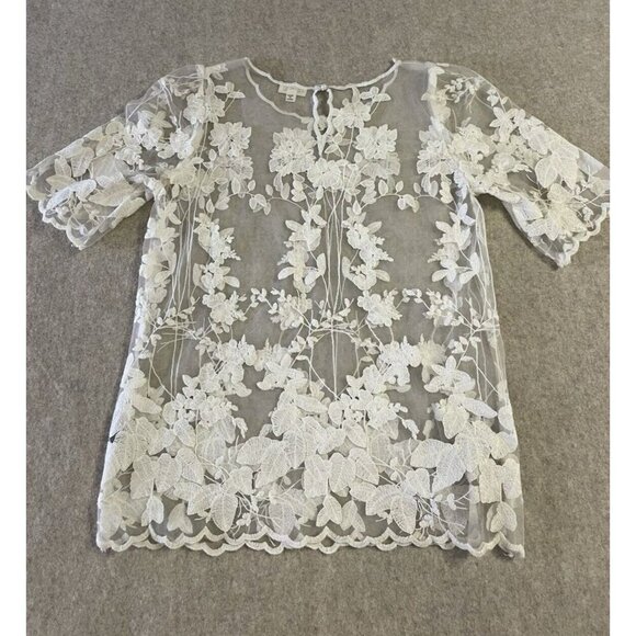 Pol Blouse Womens Small Ivory Sheer Embroidered Shirt Top Floral - Picture 2 of 13